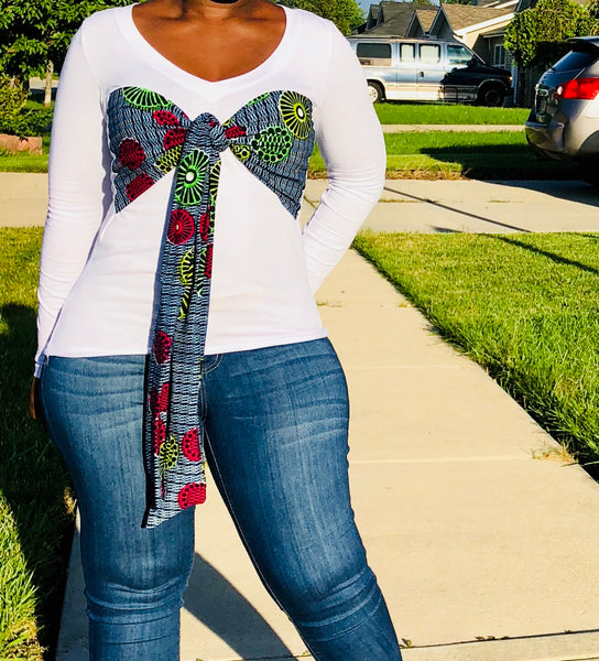 White Long sleeve T-shirt with ankara bust tie